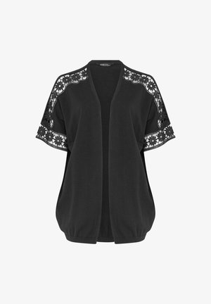 Cardigan noir à manches courtes avec ouverture devant et détails en dentelle florale sur les épaules et les manches, coupe ample avec ourlet froncé.