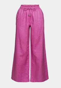 Pantalon large en lin fuchsia avec taille élastique et cordon de serrage ajustable, poches avant, et coupe décontractée.