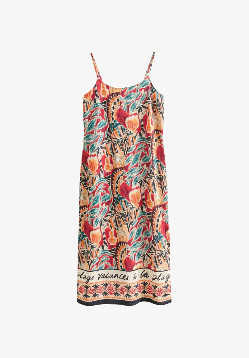 Robe sans manches à motif floral aux couleurs vives, avec des feuilles rouges et vertes, et un ourlet décoratif avec du texte en noir.