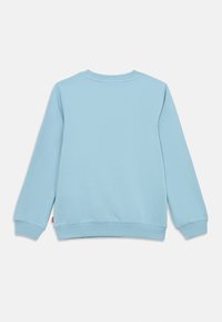 Ανοιχτό μπλε φούτερ με μακριά μανίκια, ριμπ μανσέτες και τελείωμα. Ομαλή υφή με απλό, καθαρό σχέδιο. Μικρό λογότυπο στο κάτω μέρος.