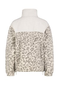 Fellimitat-Pulloverjacke in Creme mit grauen Leopardenflecken, mit strukturiertem Körper, solidem kontrastierendem Kragen und verstellbarem Saum.