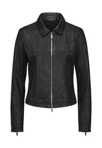 Schwarze Lederjacke mit vertikal gerippter Textur, einem Kragen und einem Reißverschluss vorne. Hat enganliegende Ärmel und einen verkürzten Saum.