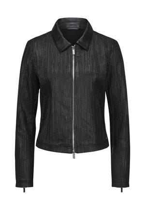 Schwarze Lederjacke mit vertikal gerippter Textur, einem Kragen und einem Reißverschluss vorne. Hat enganliegende Ärmel und einen verkürzten Saum.