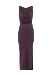 Robe midi sans manches de couleur violet foncé avec découpe devant sous la poitrine et détail nœud torsadé au centre.