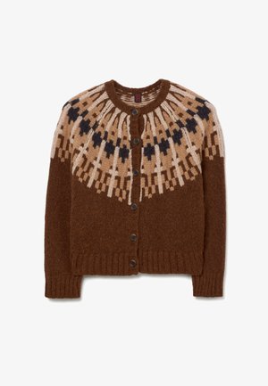 Brown knitted cardigan with a patterned yoke featuring tan and dark brown accents, ribbed cuffs and hem, and five dark buttons.