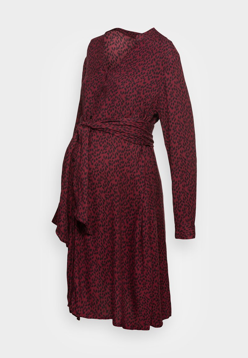 Maroon wrap dress with black leopard print, long sleeves, and a tie belt at the waist. Lightweight fabric with a flowing hem.