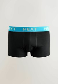 Boxeri negri pentru bărbați, cu talie albastru deschis și cuvântul „NEXT” inscripționat cu litere deschise la culoare.