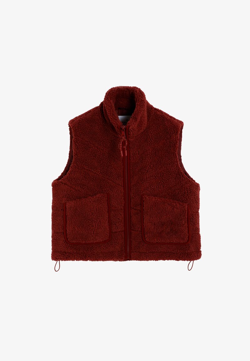 Rode fleece vest met een hoge kraag, volledige rits aan de voorkant en twee grote zakken met opgestikte naden. Geweven materiaal met een zachte, warme uitstraling.