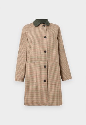 Tan and brown checkered long coat with dark green collar, black buttons down front, long sleeves, and two front patch pockets.