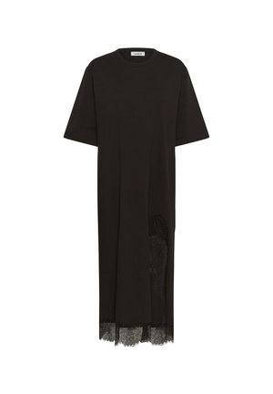 Sort midikjole med korte ærmer, rund halsudskæring og gennemskinnelig blonderkant ved skørtets kant og sideslids.