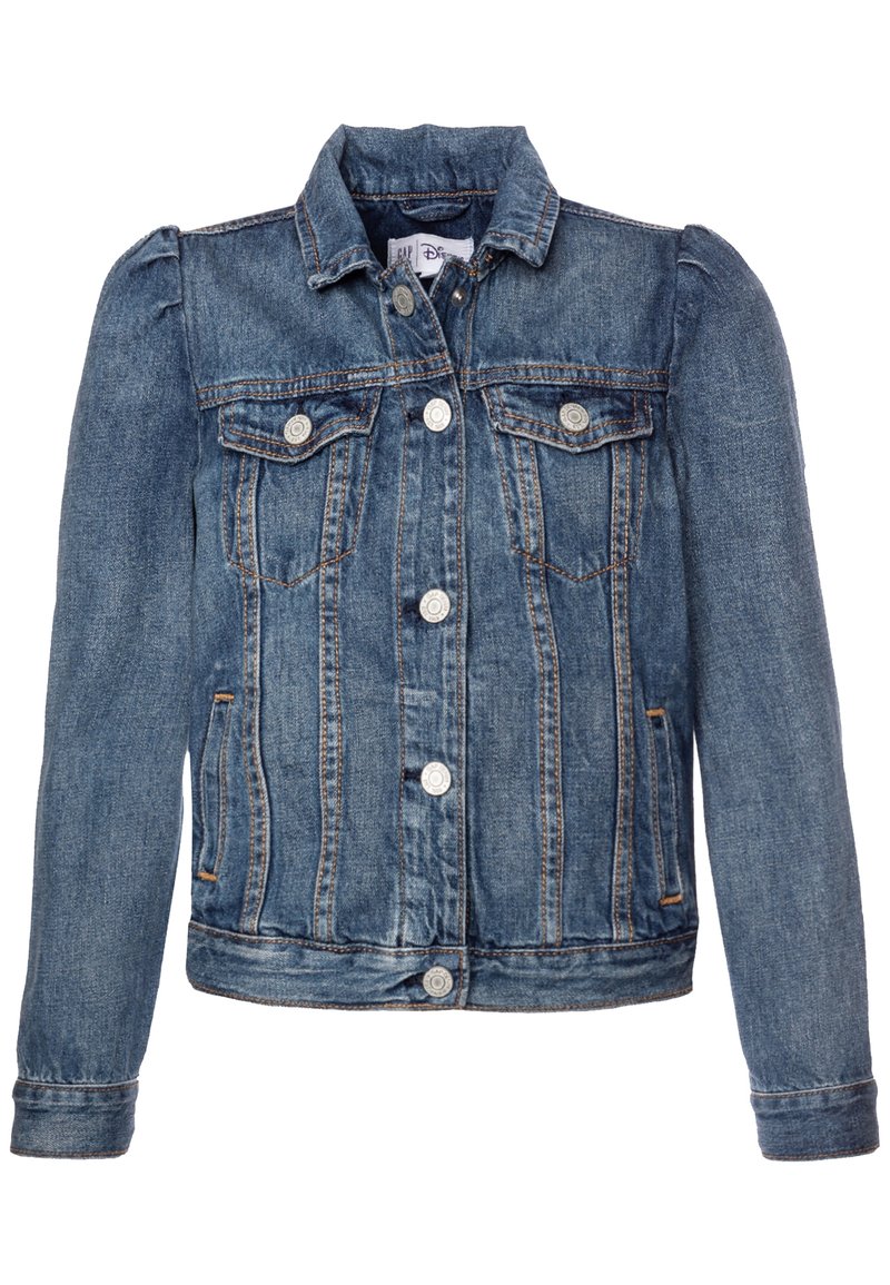 Denimjacka med ljusblå tvätt, knappframsida, två bröstfickor och subtilt puffade axlar. Mellanlånga ärmar med standardmanschetter.