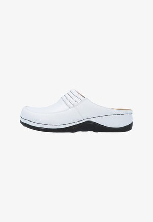 White slip-on clog shoe with black sole, stitching details, slightly elevated heel, and padded upper for comfort.