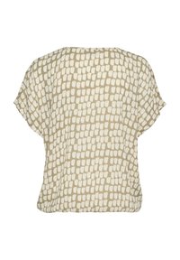 Lässiges Top aus leicht beige Stoff mit einem weißen Gittermuster. Kurze Ärmel und runder Halsausschnitt. Weiches, strukturiertes Material.