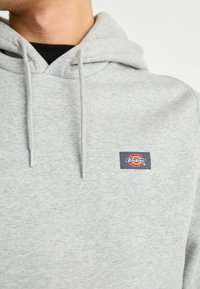 Felpa in cotone grigia con cappuccio e coulisse, caratterizzata da un'etichetta rettangolare con logo nero e testo multicolore sul fronte. Tessuto texturizzato, design casual.
