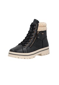 Black leather ankle boots with a textured finish, featuring a cream faux fur collar, lace-up front, and side zipper. Thick, rugged sole.