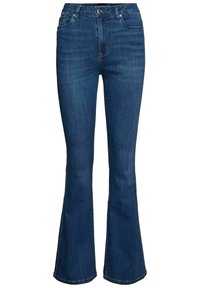 Ausgestellte Jeans aus Denim in dunkelblau. Merkmale sind eine hohe Taille, ein traditionelles Fünf-Taschen-Design und leichte Ausbleichungen an den Beinen.