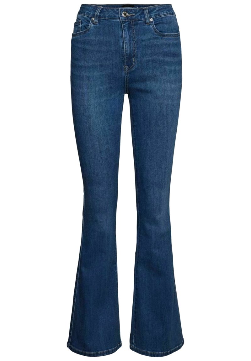 Ausgestellte Jeans aus Denim in dunkelblau. Merkmale sind eine hohe Taille, ein traditionelles Fünf-Taschen-Design und leichte Ausbleichungen an den Beinen.