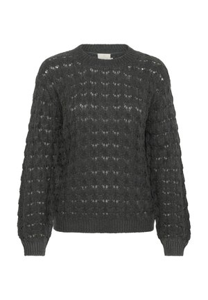 Pull en tricot gris foncé avec un motif texturé lâche. Présente un col rond et des poignets côtelés. Le design est décontracté et respirant.