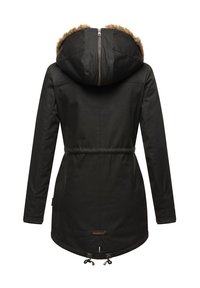 Schwarze Outdoor-Jacke mit Kunstfellkapuze, tailliertem Schnitt, langen Ärmeln und Zugbandsaum. Glattes Material mit Reißverschluss und Markenlogo.