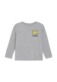 Graues Langarm-T-Shirt aus Baumwolle mit einem Pikachu-Graphic und dem Text "Pokémon" auf der Vorderseite, mit Rundhalsausschnitt und normaler Passform.