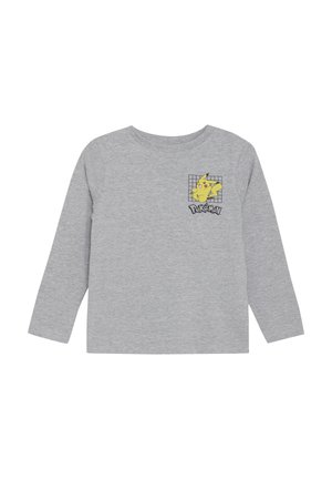 Graues Langarm-T-Shirt aus Baumwolle mit einem Pikachu-Graphic und dem Text "Pokémon" auf der Vorderseite, mit Rundhalsausschnitt und normaler Passform.