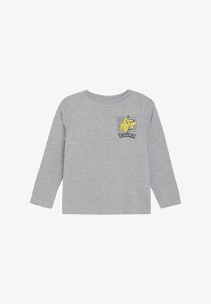 Graues Langarm-T-Shirt aus Baumwolle mit einem Pikachu-Graphic und dem Text "Pokémon" auf der Vorderseite, mit Rundhalsausschnitt und normaler Passform.