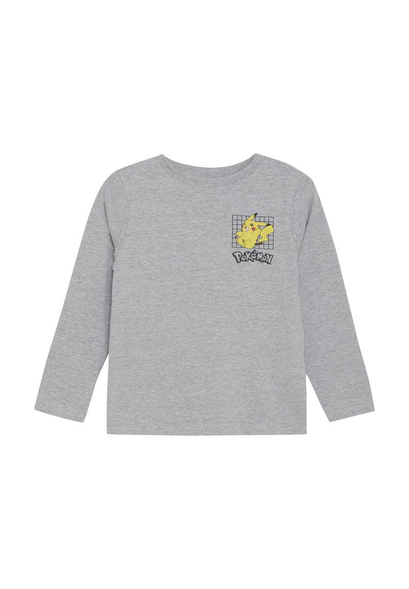 Graues Langarm-T-Shirt aus Baumwolle mit einem Pikachu-Graphic und dem Text "Pokémon" auf der Vorderseite, mit Rundhalsausschnitt und normaler Passform.