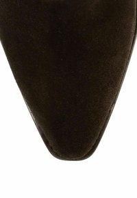 Bruine suède schoenen met spitse neus, een gladde textuur en een slanke silhouette. Voorzien van een dunne, glanzende hak voor extra elegantie.