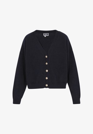 Marineblauwe gebreide cardigan met een V-hals, lange mouwen en zes metalen knopen aan de voorkant. Ribgebreide zoom en manchetten. Zachte textuur.