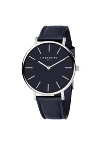 Runde silberne Edelstahl-Uhr mit einem dunkelblauen Zifferblatt, silbernen Stundenmarkierungen und einem dunkelblauen Lederarmband. Verfügt über ein minimalistisches Design.