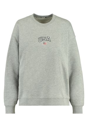 Sweat-shirt gris clair à col rond avec le texte "USA" et un petit drapeau américain brodé sur la poitrine.