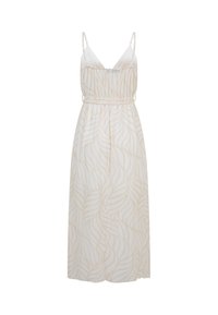 Robe longue crème sans manches avec fines bretelles, taille cintrée et doux motif beige ondulé sur l’ensemble du tissu.