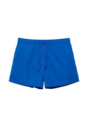 Pantaloni scurți de înot pentru bărbați, de culoare albastră, cu talie elastică și șnur reglabil, expuși întinși pe un fundal alb.