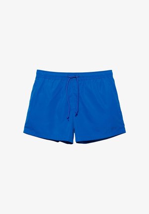 Blå herrebadshorts med elastisk talje og justerbar snor, vist fladt på en hvid baggrund.