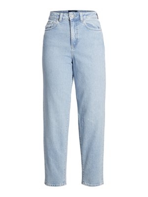 Jeans de tiro alto en azul claro, con un corte relajado, cinco bolsillos, trabillas para cinturón y un lavado ligeramente deslavado, hechos de un denim duradero.