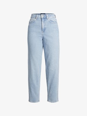 Helle blaue, hochtaillierte Jeans in einer lockeren Passform, mit fünf Taschen, Gürtelschlaufen und einer leicht ausgewaschenen Optik, gefertigt aus strapazierfähigem Denim.