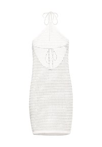 Bílá háčkovaná mini šaty s designem za krk. Obsahují otevřenou pletenou texturu a nastavitelné zavazování na krku pro přizpůsobení velikosti.