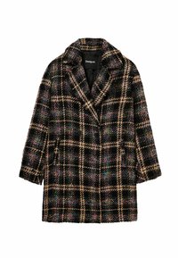 Double-breasted coat in black and brown plaid with colorful accents. Features a notched collar and textured fabric.