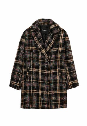 Double-breasted coat in black and brown plaid with colorful accents. Features a notched collar and textured fabric.