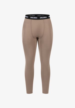 Herren-Langunterhose in Taupe mit schwarzem elastischem Bund, der weißen "SMILODOX"-Schriftzug trägt.