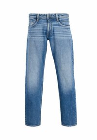 Sinised denim püksid otse lõikega, millel on pleekinud pesu, viie tasku disain ja metallnupp vööl.