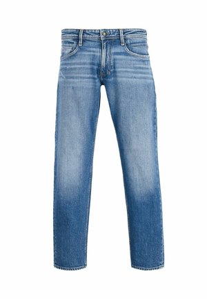 Blå denimjeans med rak passform, med en blekt tvätt, femficksdesign och metallknappstängning i midjan.