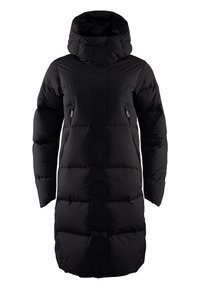 Abrigo de invierno largo y negro, acolchado, con un alto cuello, capucha adjunta y bolsillos laterales con cremallera.