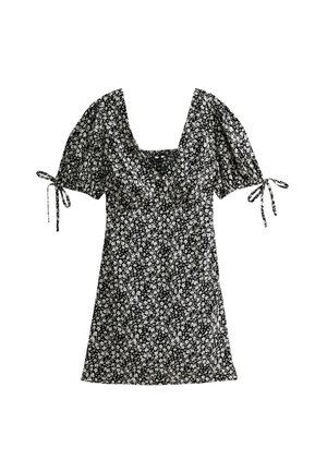 Vestido negro con estampado floral, escote cuadrado, mangas cortas abullonadas y detalle de lazo en los puños. Presenta un patrón de flores blancas dispersas.