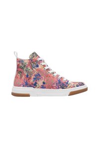 Baskets montantes avec un motif floral rose vif, des lacets blancs et une semelle en caoutchouc marron. Le matériau présente une texture perforée.