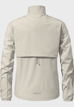 Helle beige wasserdichte Jacke mit hohem Kragen, langen Ärmeln und einem geschichteten Rückendesign. Verfügt über einen verstellbaren Saum und elastische Bündchen.