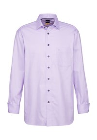 Maglietta a maniche lunghe di colore viola chiaro con colletto a punta, dotata di tasca e bottoni scuri sulla parte anteriore. Tessuto dalla texture liscia.
