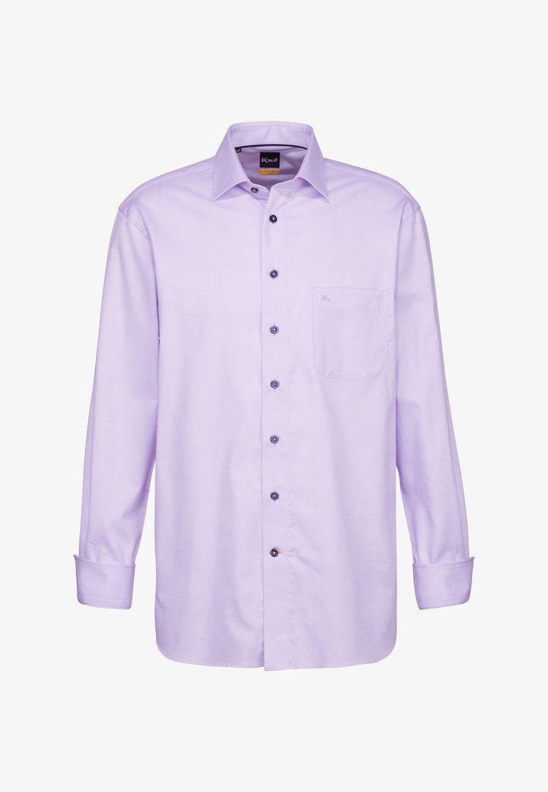 Maglietta a maniche lunghe di colore viola chiaro con colletto a punta, dotata di tasca e bottoni scuri sulla parte anteriore. Tessuto dalla texture liscia.