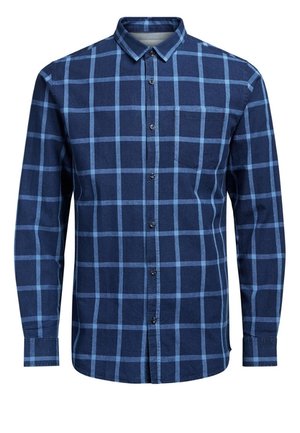 Herre langærmet skjorte med knapper og blåt og lyseblåt ternet mønster samt en brystlomme på venstre side.