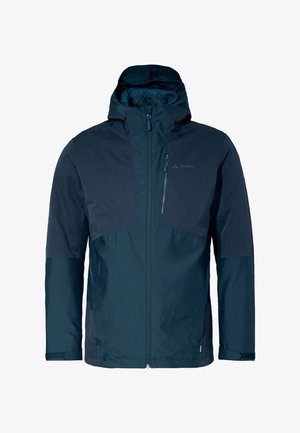 Marineblaue wasserdichte Jacke mit Reißverschluss, verstellbare Kapuze und kontrastierenden Schulterpaneelen. Glatte Textur mit minimalem Branding.